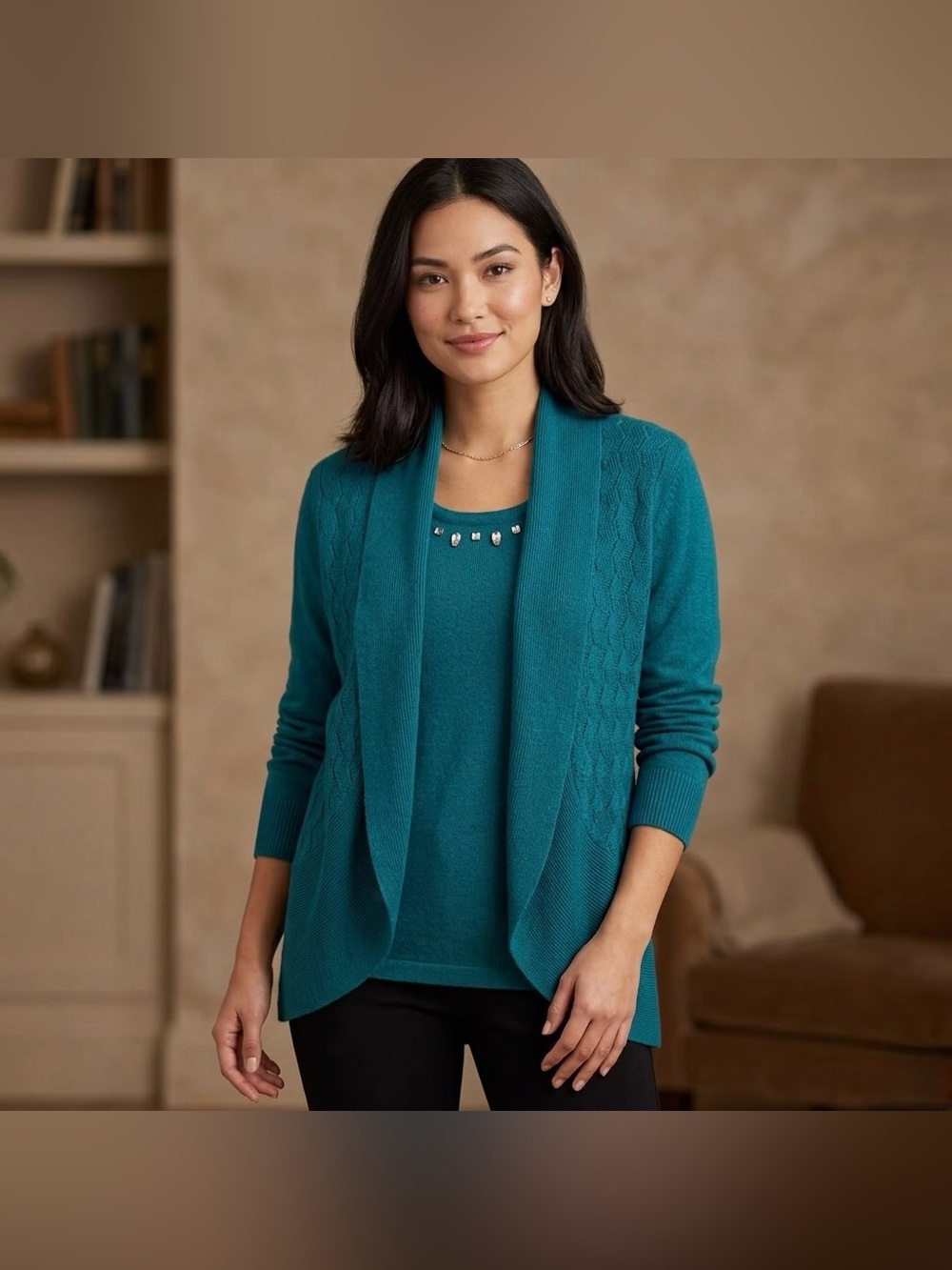 Sag Harbor Teal Open-Front Cable-Trim Cardigan
